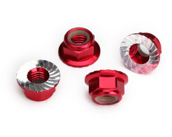 Nuts, 5mm flanged nylon locking (aluminum, red-anodized, serrate photo