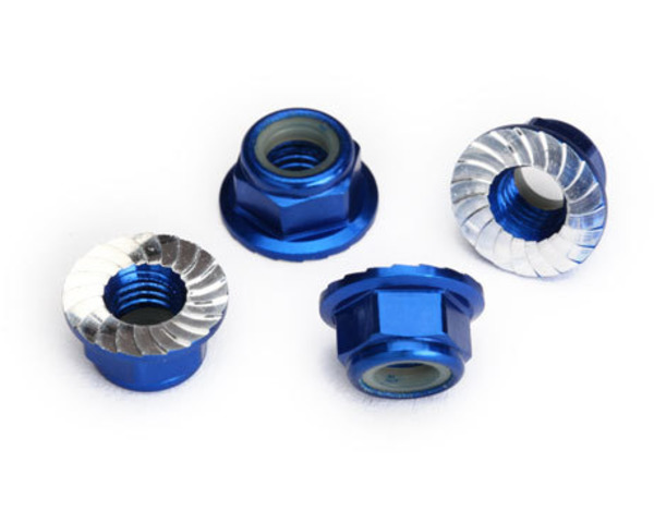 Nuts, 5mm flanged nylon locking (aluminum, blue-anodized, serrat photo